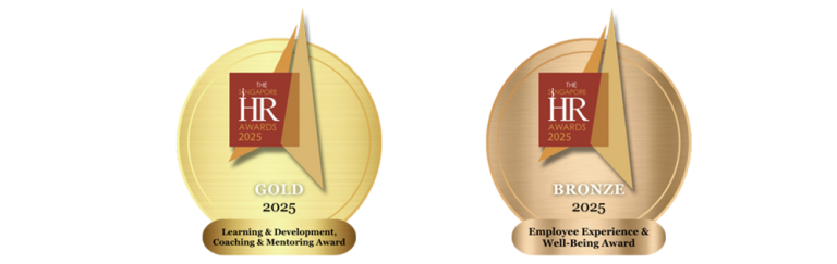 Images of the singapore hr awards 2025 gold learning & development coaching & mentoring award, and bronze employee experience & well-being award