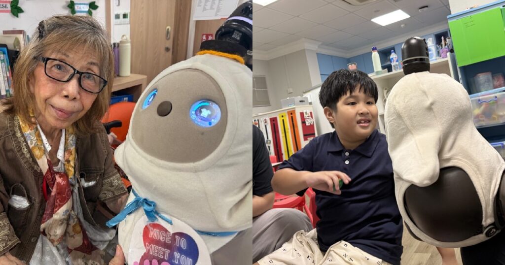 An elderly and child interacting with LOVOT, an AI-powered companion robot.